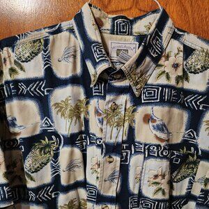 Men's Large Micheal Austin Blue Hawaiian Short Sleeve Button Down Shirt